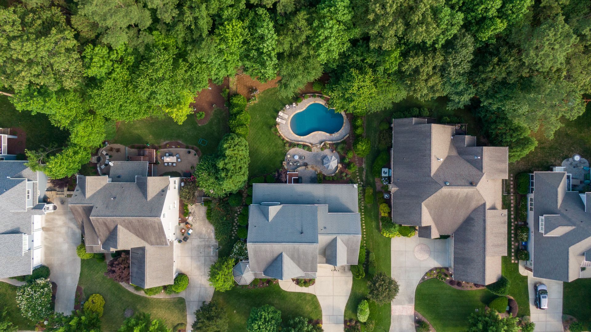 Aerial view of suburban homes with backyards, trees, and a central house with a blue pool