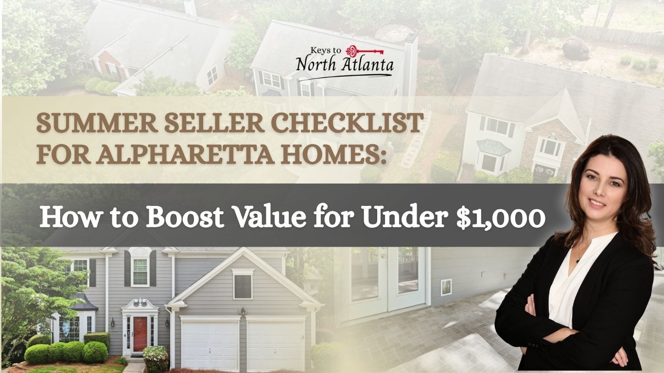 Summer seller checklist for homes: how to boost value for under $1,000, with realtor beside houses.