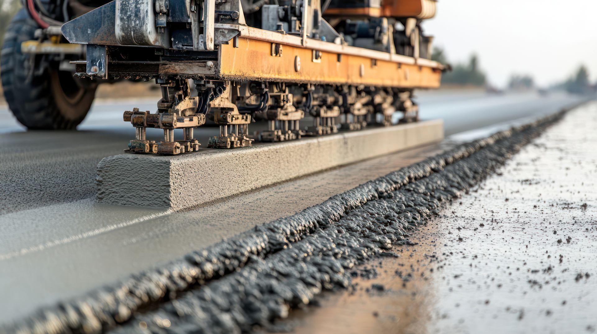A machine is laying concrete on a road.