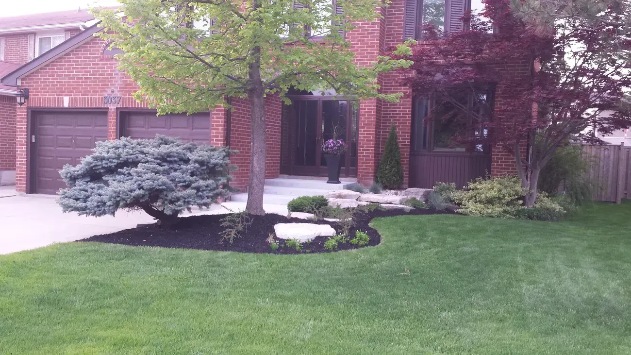 A brick house with a lush green lawn and a tree in front of it.