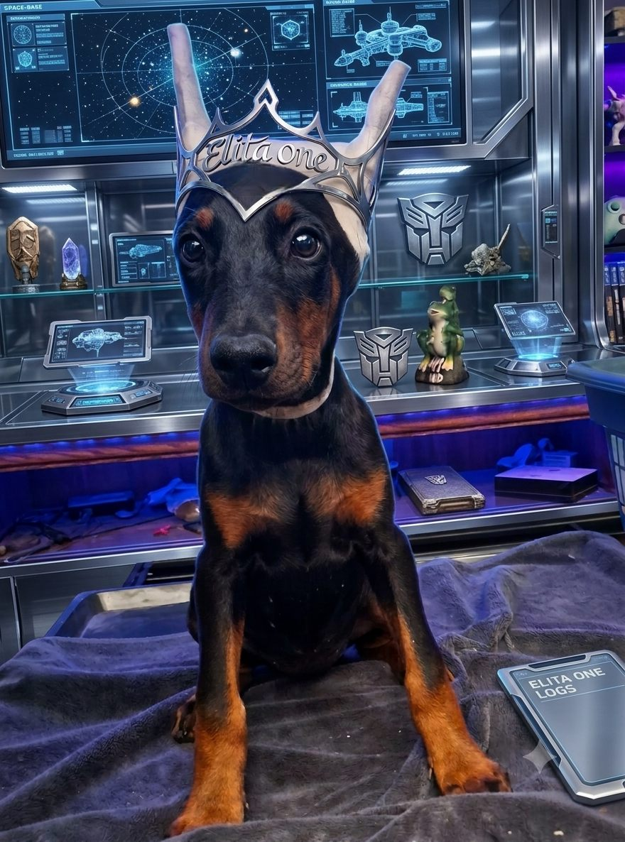 Doberman puppy with antlers posing in a futuristic lab with glowing screens and metallic equipment