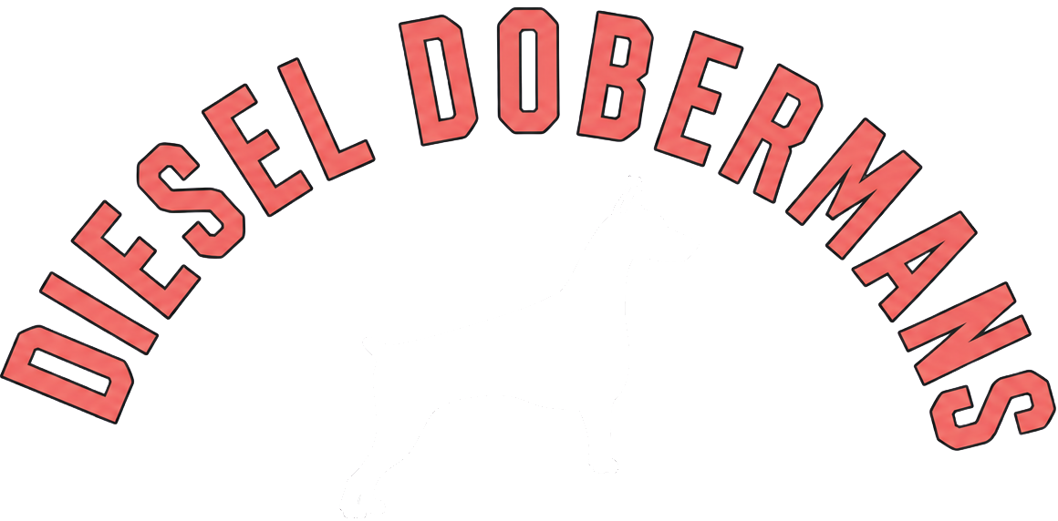 Red curved text reading “DIESEL DOBERMANS” on a white background