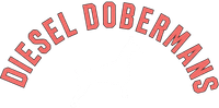 Red arched text reading “DIESEL DOBERMANS” on a white background