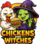 Cartoon chicken and green witch holding a burger, with bold text &ldquo;CHICKENS AND WITCHES&rdquo;