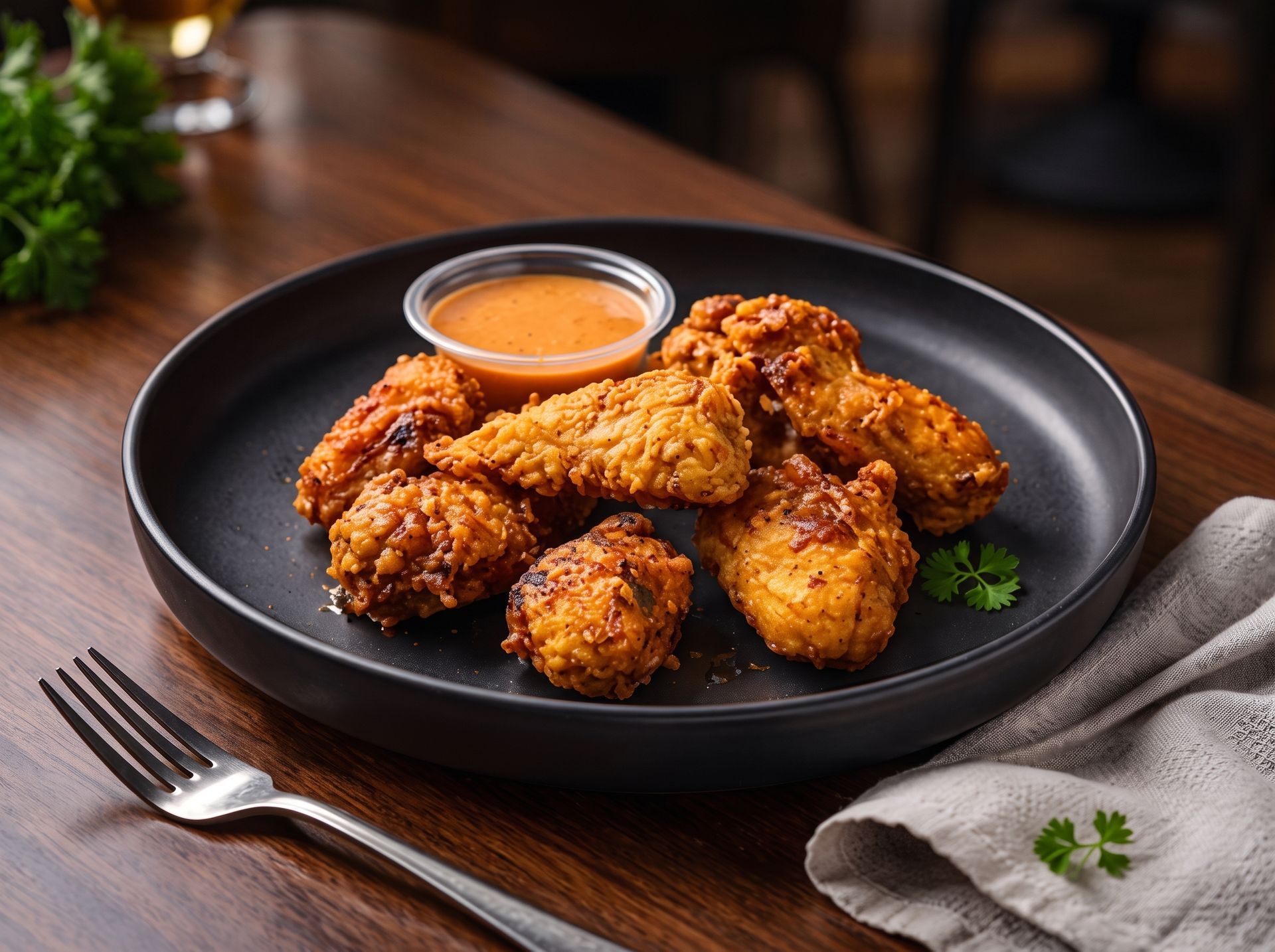 Fried chicken pieces on a black plate with dipping sauce on a wooden table