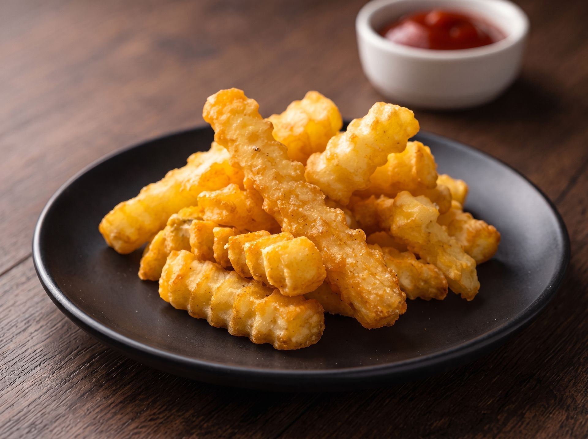 Plate of golden crinkle-cut fries and breaded snacks with ketchup on a dark table