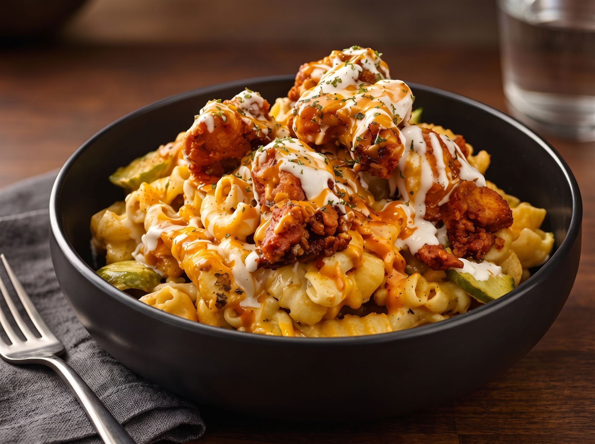 Black bowl of creamy pasta with fried chicken pieces and sauce on a table