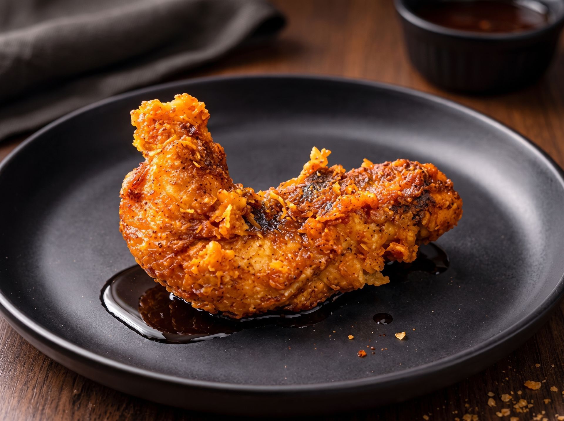 Crispy fried chicken on a black plate with dipping sauce