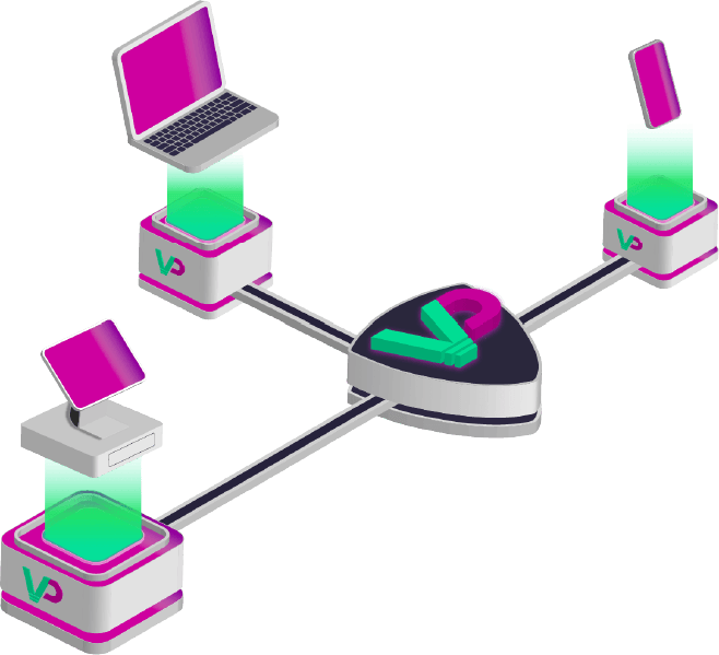 A network diagram showing a laptop, tablet, and phone connected to a central device via green beams and black lines.
