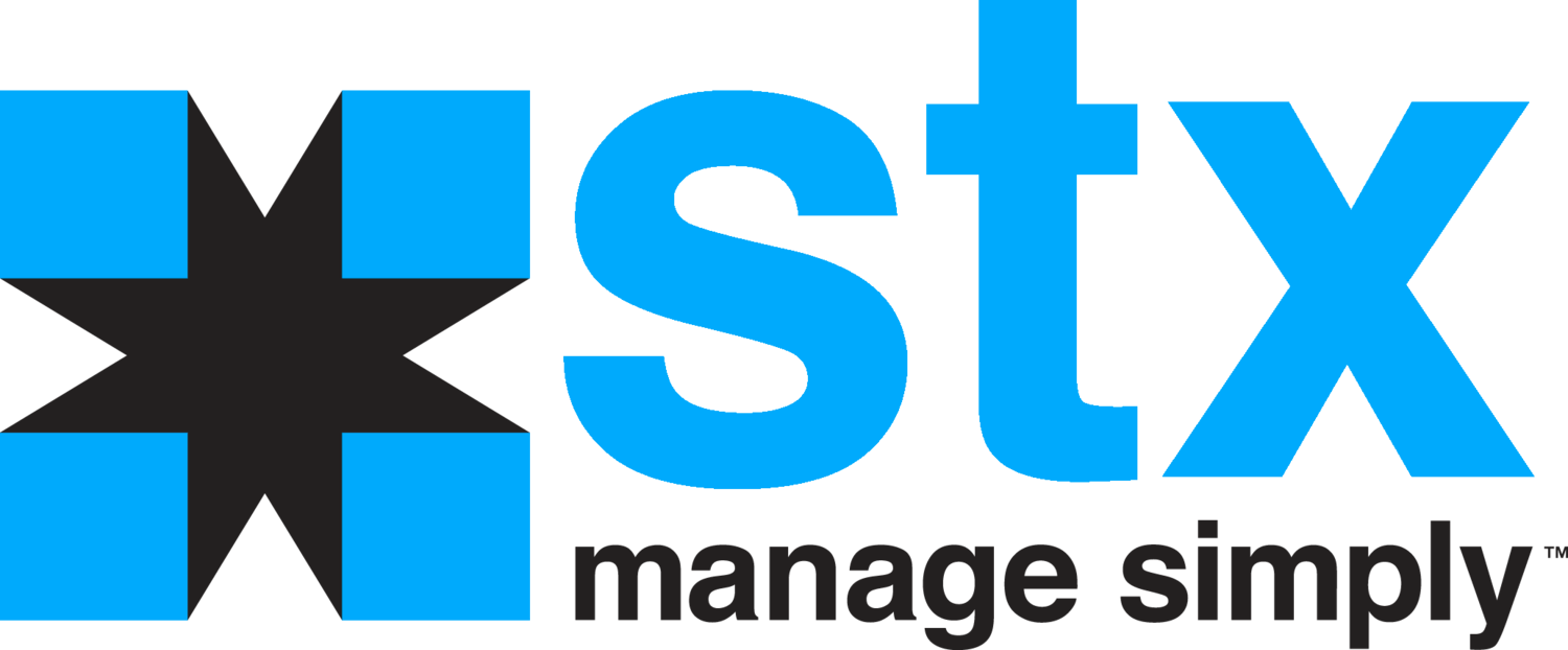 Logo for STX, a company using a black star shape with blue squares and blue 