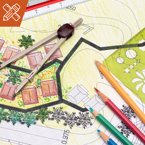 Landscape architectural plan with compass, colored pencils, and scale.