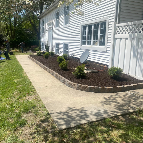 White house with a concrete walkway lined with brown mulch and green plants.