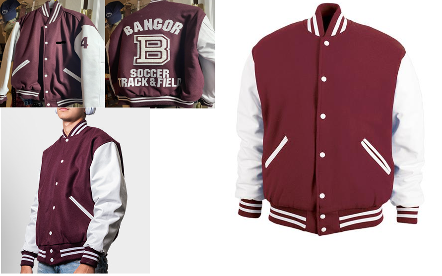 A maroon and white varsity jacket with the letter b on the back