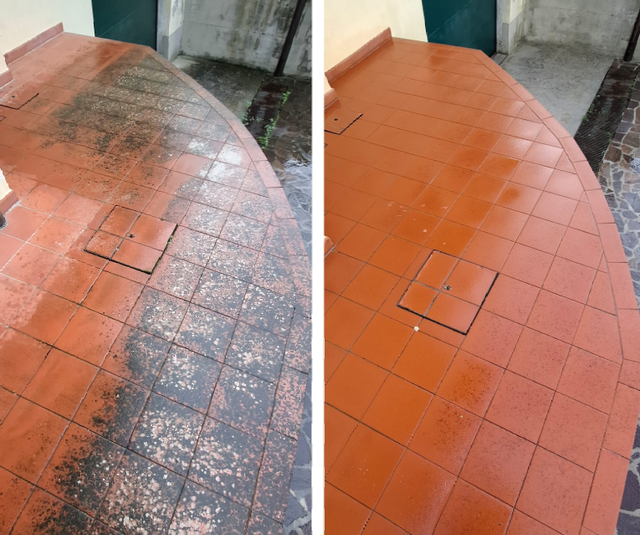 Una foto prima e dopo di un pavimento piastrellato