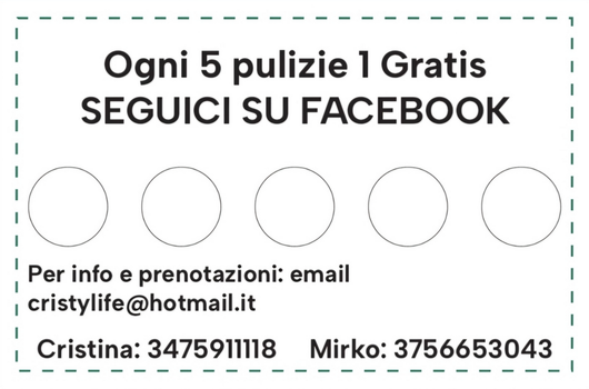A sign that says ogni 5 pulizie 1 gratis seguici su facebook