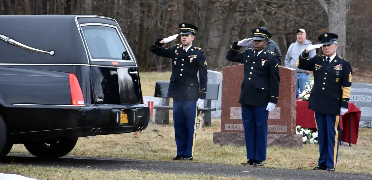 Soldiers saluting a hearse at a graveside service.