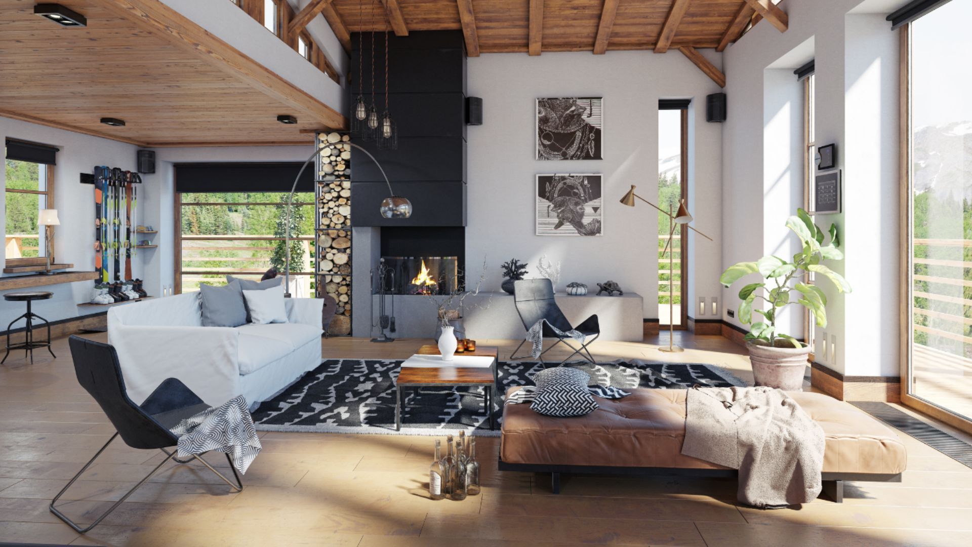 A living room filled with furniture and a fireplace.