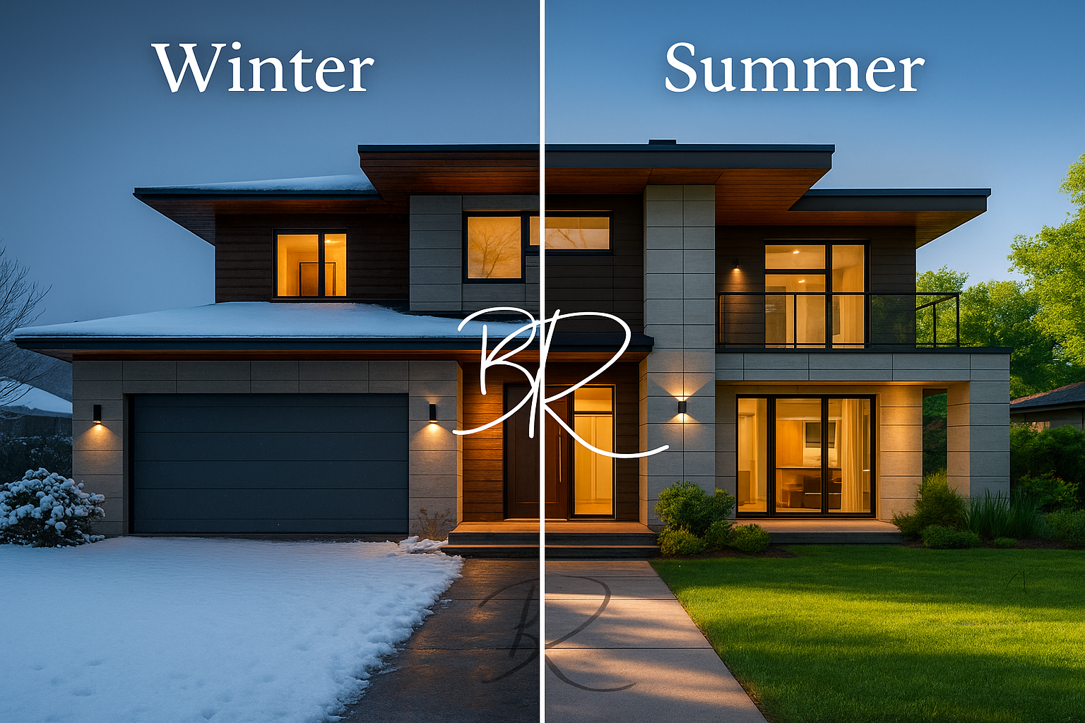 A picture of a house in winter and summer