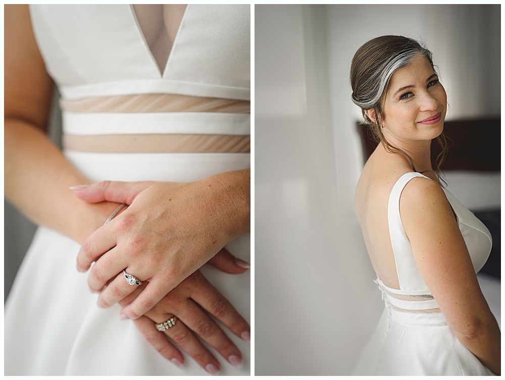 Bride laughs with three bridesmaids in red dresses, holding bouquets.