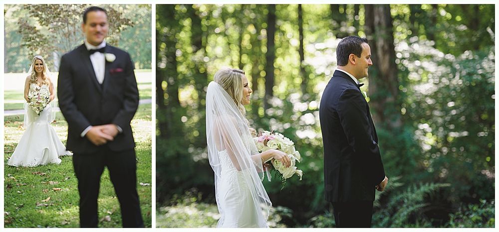 Bride in white dress holding bouquet, standing under weeping willow.