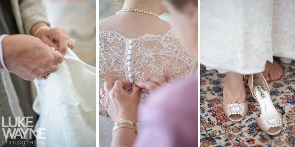 Wedding dress details: hands adjusting the dress, buttoning the back, and the bride's shoes on a patterned rug.
