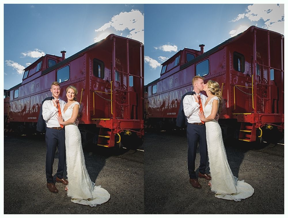 Wedding couple in front of red train car, smiling. Right photo, couple kissing. Bright sunlight.