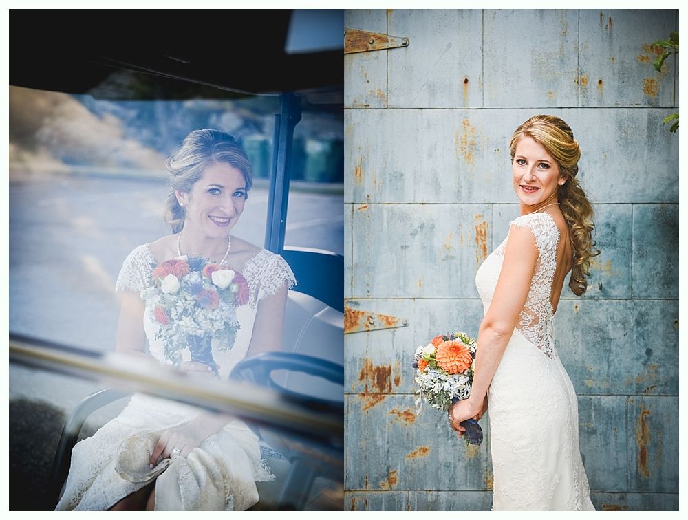 Bride in a wedding dress, holding flowers. She smiles in a golf cart and poses near a blue metal wall.
