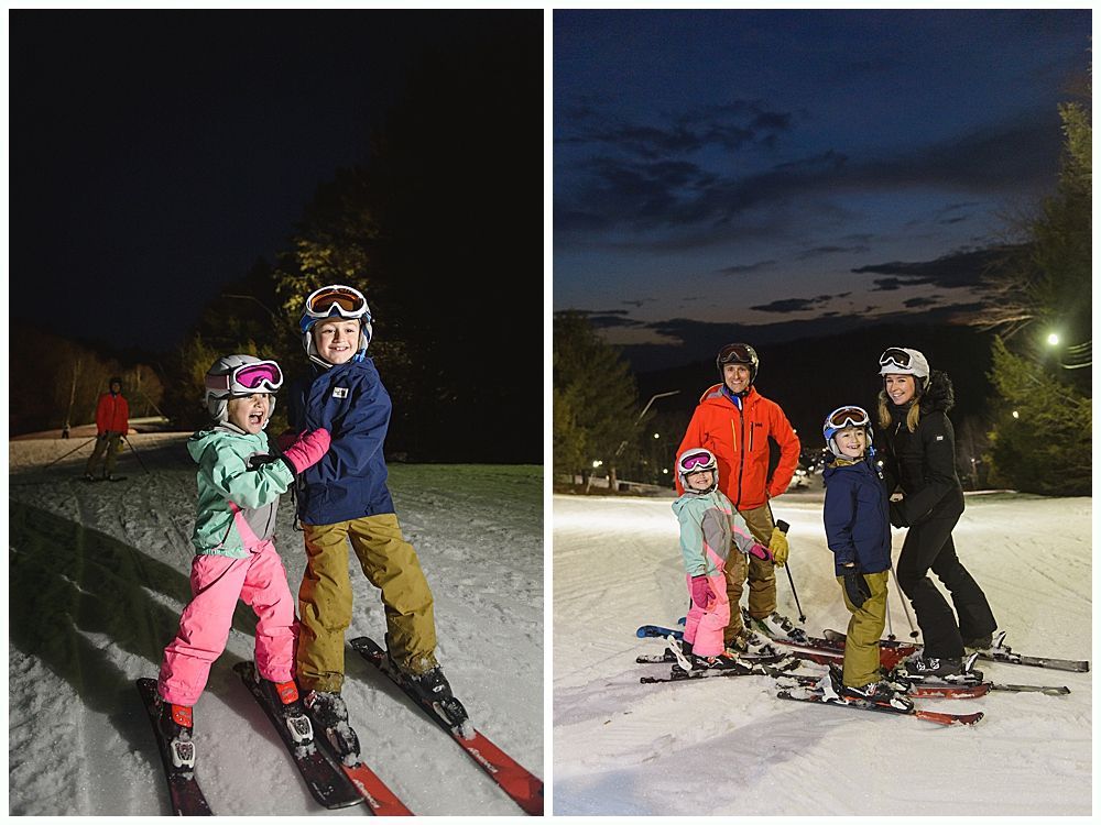 Two photos of people skiing at night. One shows two kids smiling, the other a family of four on skis.