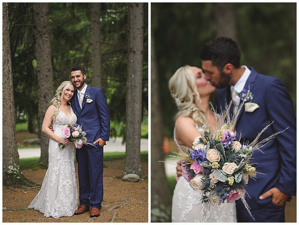 Wedding ceremony with groom and groomsmen smiling, floral arch in background.