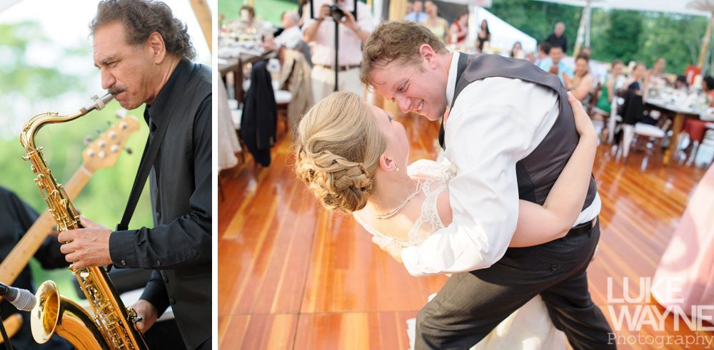 Saxophonist plays at a wedding as couple dances on a wooden floor.