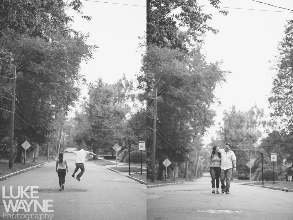 Two panels: Couple walking, man jumping in street lined with trees and signs.
