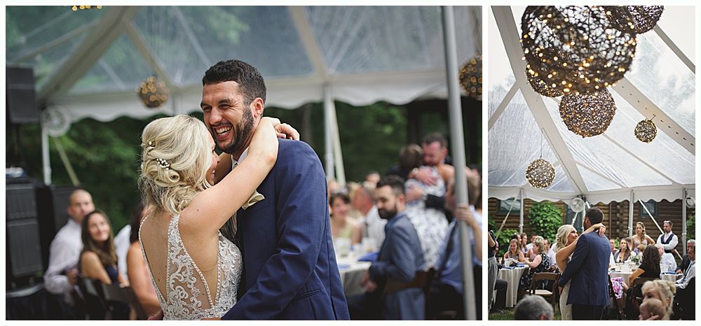 Woman in red gown throws bouquet at wedding reception. Man in suit reaches for it. Wooden interior.