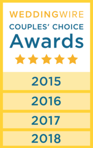 WeddingWire Couples' Choice Awards badge with gold stars and award years 2015-2018.