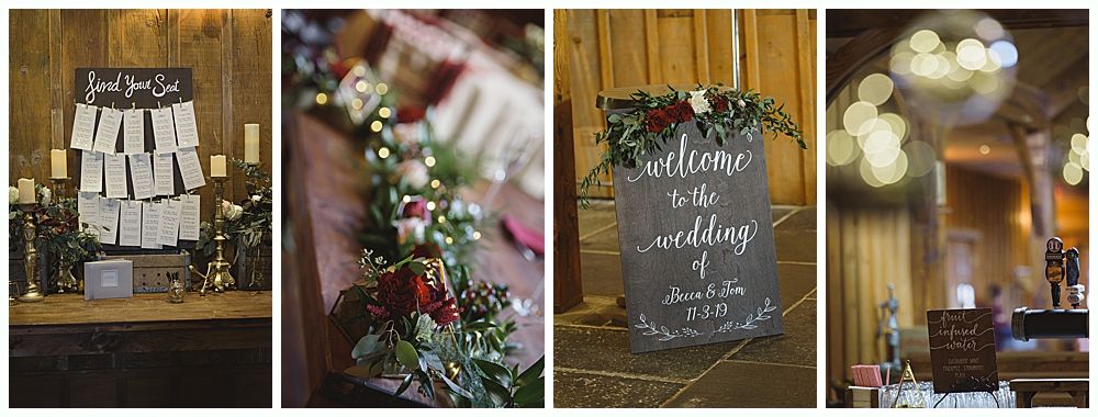 Wedding décor: seating chart, floral garlands, welcome sign, bar with disco ball lighting.