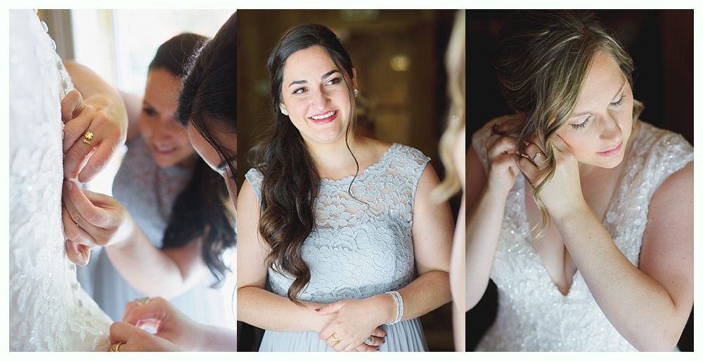Wedding day preparation: bride getting dress buttoned, smiling in a dress, and putting on earrings.