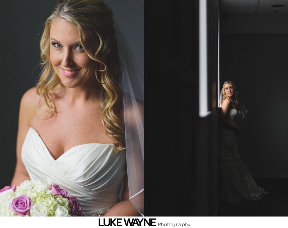 Bride in a white strapless gown holds flowers, smiles. Another view shows her in a hallway with light.