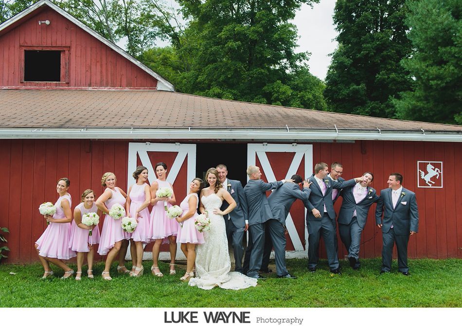 Wedding party posing in front of a red barn; bridesmaids in pink, groomsmen in gray, bride and groom centered.