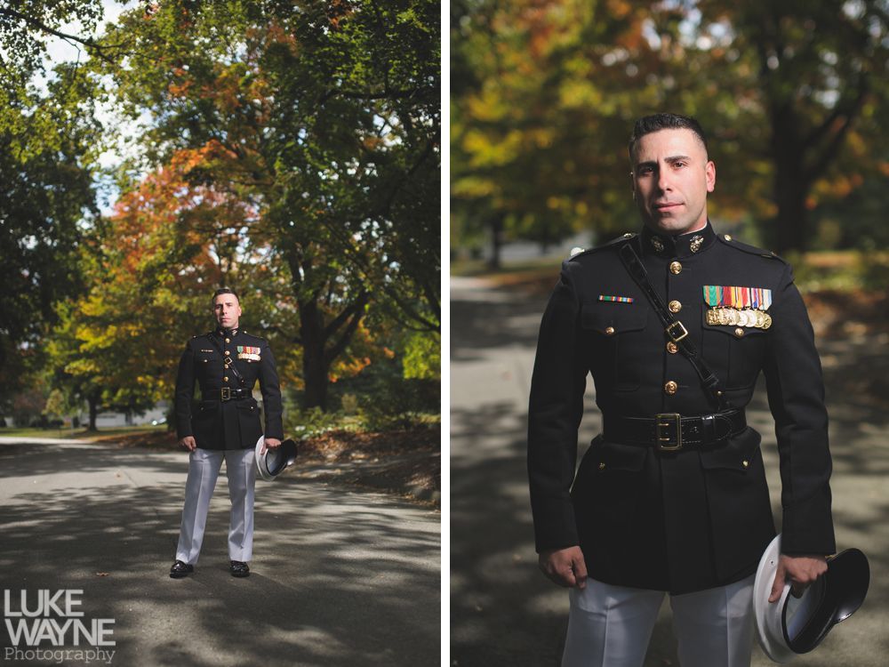 Wedding triptych: Bride and groom with purple accents, posing on a city street and doorway, smiling.
