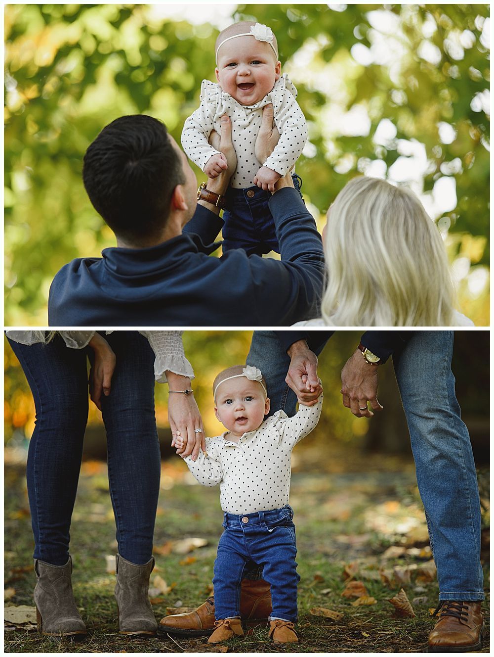 Top: Parent holding up a baby, outdoors. Baby laughs. Bottom: Baby learning to walk, holding hands.