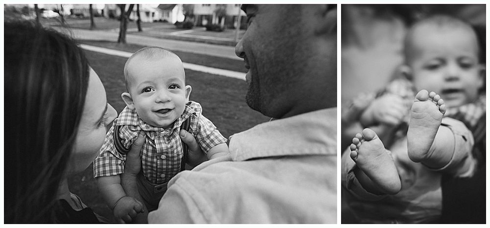 Black and white photo of a baby held up by parents, smiling. Second photo is of the baby's feet.