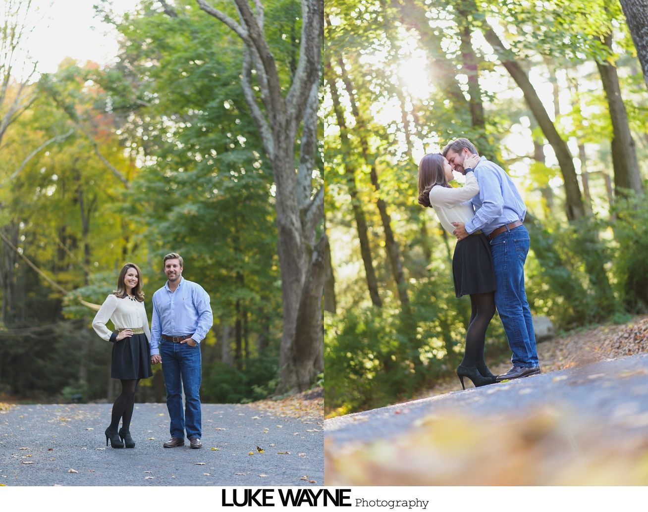 Couple embraces in a lush garden, woman laughs, man smiles, both in casual attire.