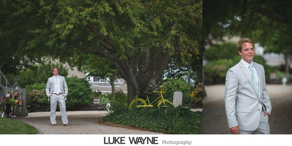 Man in light suit stands near a yellow bicycle under a tree. Right panel, man in suit on a path.