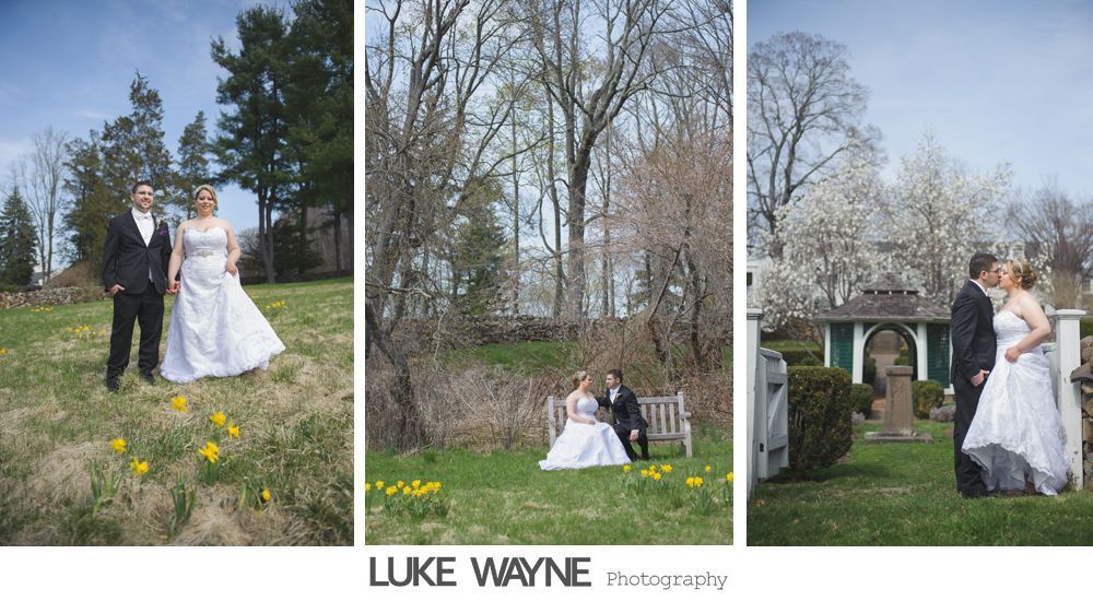 Wedding couple posing in a garden. Bride in white dress, groom in black suit. Each image with a different backdrop.