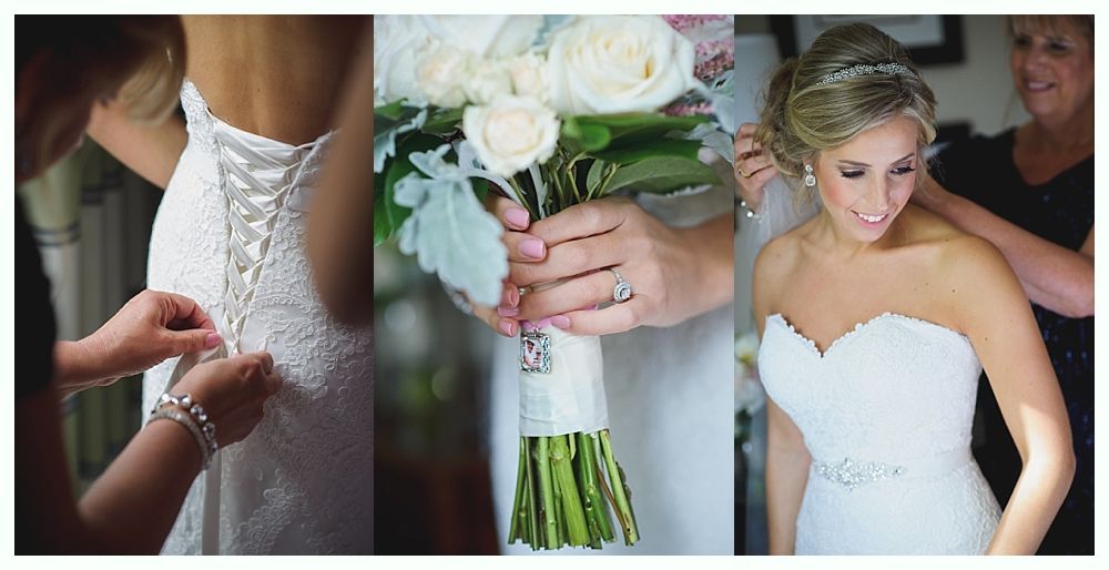 Bride getting ready for wedding, lacing dress, holding bouquet, putting on veil.