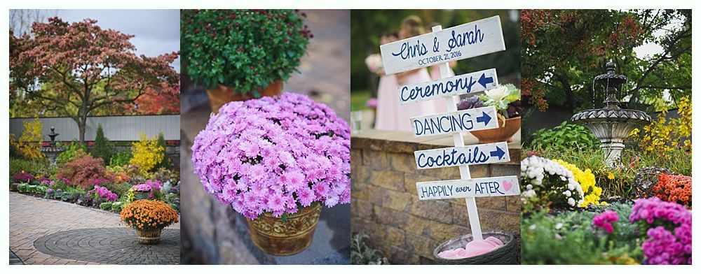 Wedding decorations in a garden with signs, flowers, and trees.