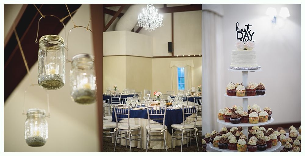 Wedding reception decor: mason jar lanterns, tables with blue linens, tiered cake with cupcakes.