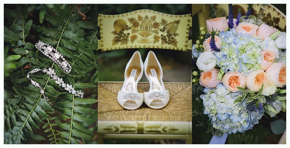 Three-panel collage: snake on green leaves, white lace shoes on a chair, bouquet with blue and peach flowers.