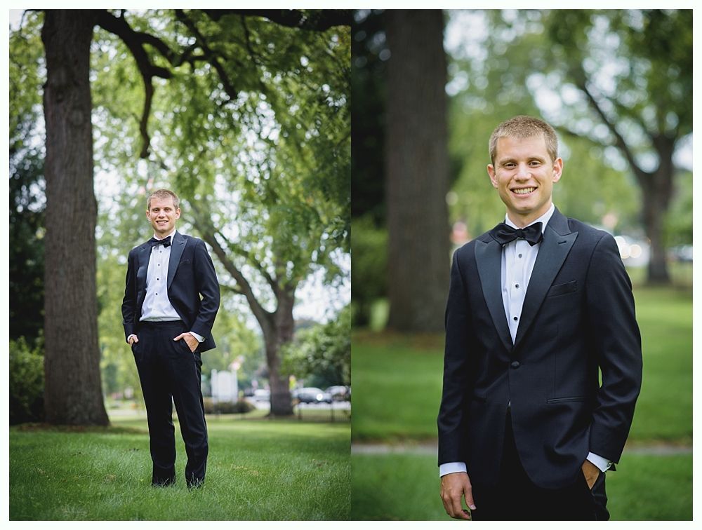 Two photos of a man in a black tuxedo, posing in a park with green grass and trees.