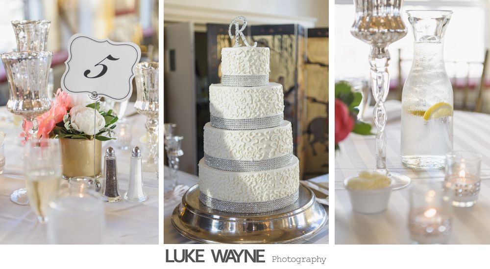 Wedding reception details: tiered cake, table setting with centerpiece, and water pitcher.