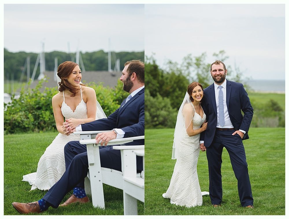 A bride and groom pose outdoors in wedding attire, laughing on a bench, and standing together.